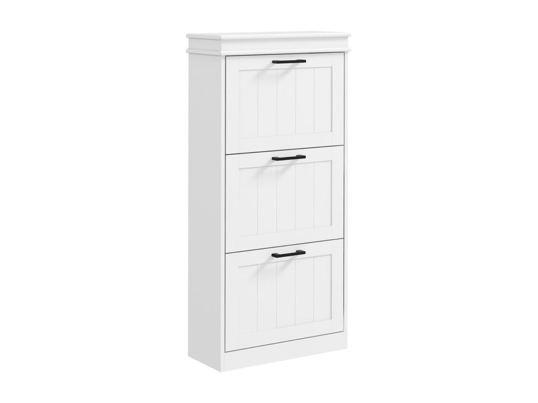 vente unique Meuble à chaussures 3 portes abattants 3 étagères poignées métal noir MDF blanc