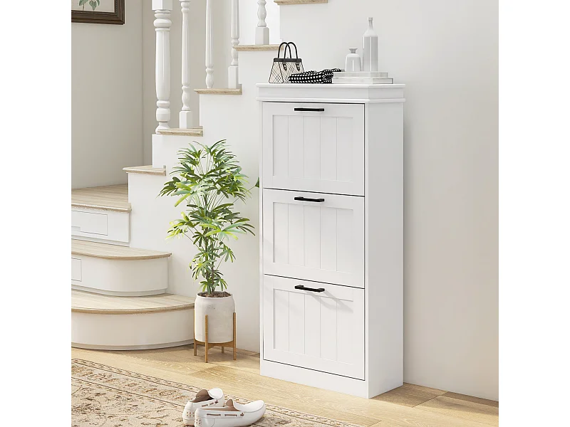 Meuble à chaussures 3 portes abattants 3 étagères poignées métal noir MDF blanc