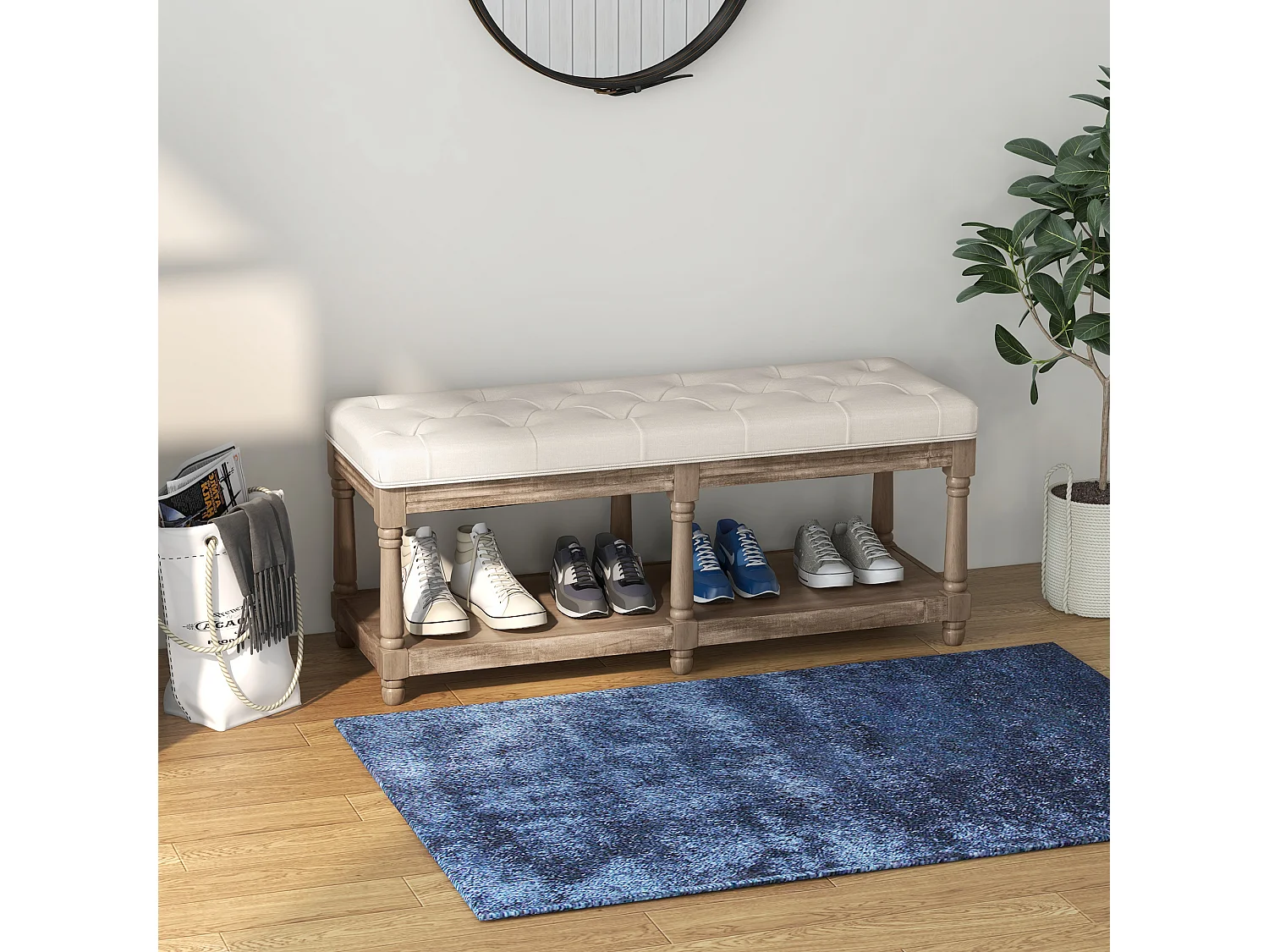 Banc à chaussures capitonnée style classique chic étagère bois sculpté tissu beige