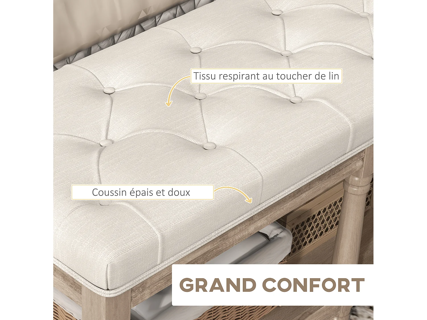 Banc à chaussures capitonnée style classique chic étagère bois sculpté tissu beige