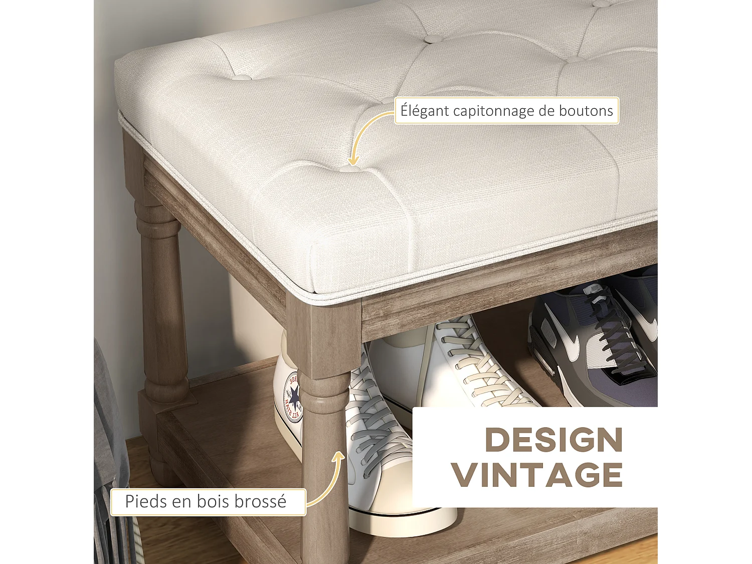 Banc à chaussures capitonnée style classique chic étagère bois sculpté tissu beige