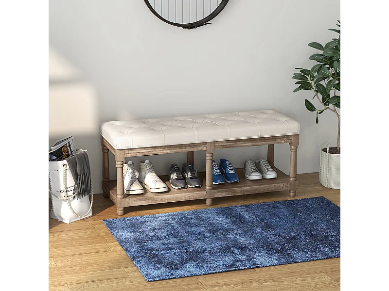 Banc à chaussures capitonnée style classique chic étagère bois sculpté tissu beige