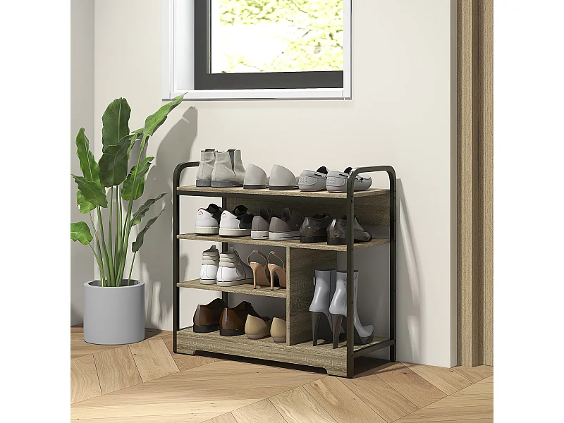 Meuble à chaussures 4 niv. style industriel - dim. 70L x 30l x 65H cm - métal noir aspect chêne clair