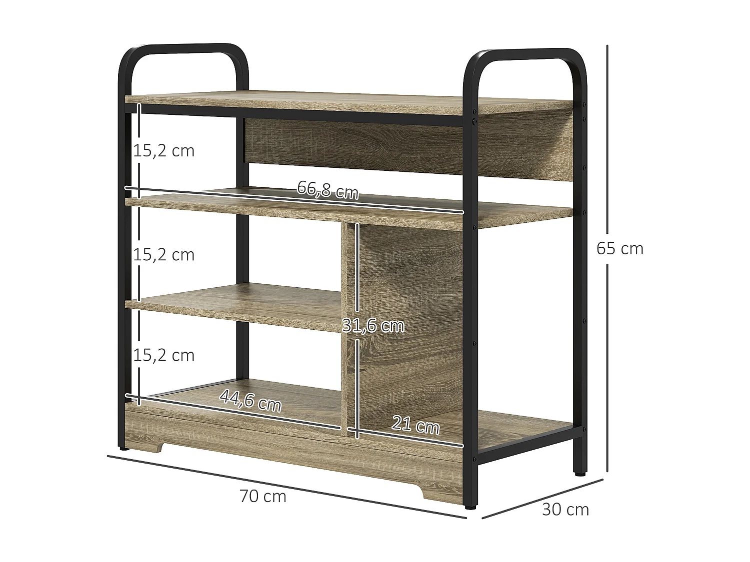 Meuble à chaussures 4 niv. style industriel - dim. 70L x 30l x 65H cm - métal noir aspect chêne clair