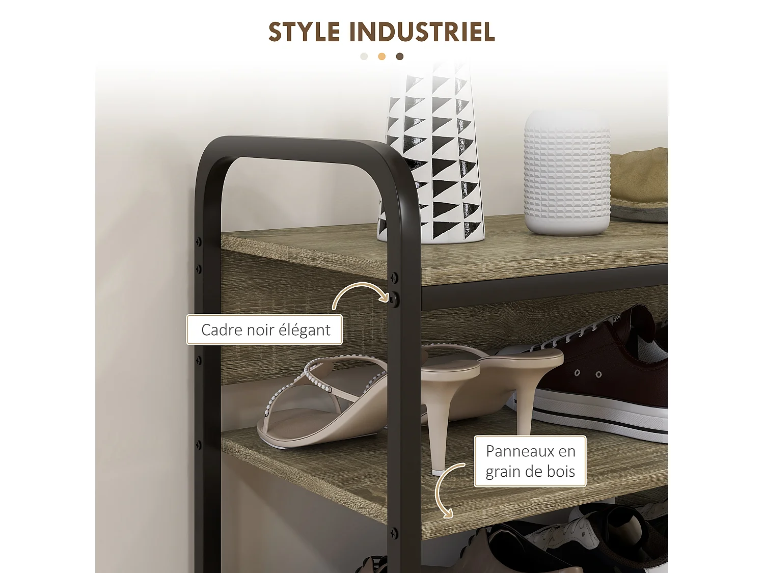 Meuble à chaussures 4 niv. style industriel - dim. 70L x 30l x 65H cm - métal noir aspect chêne clair