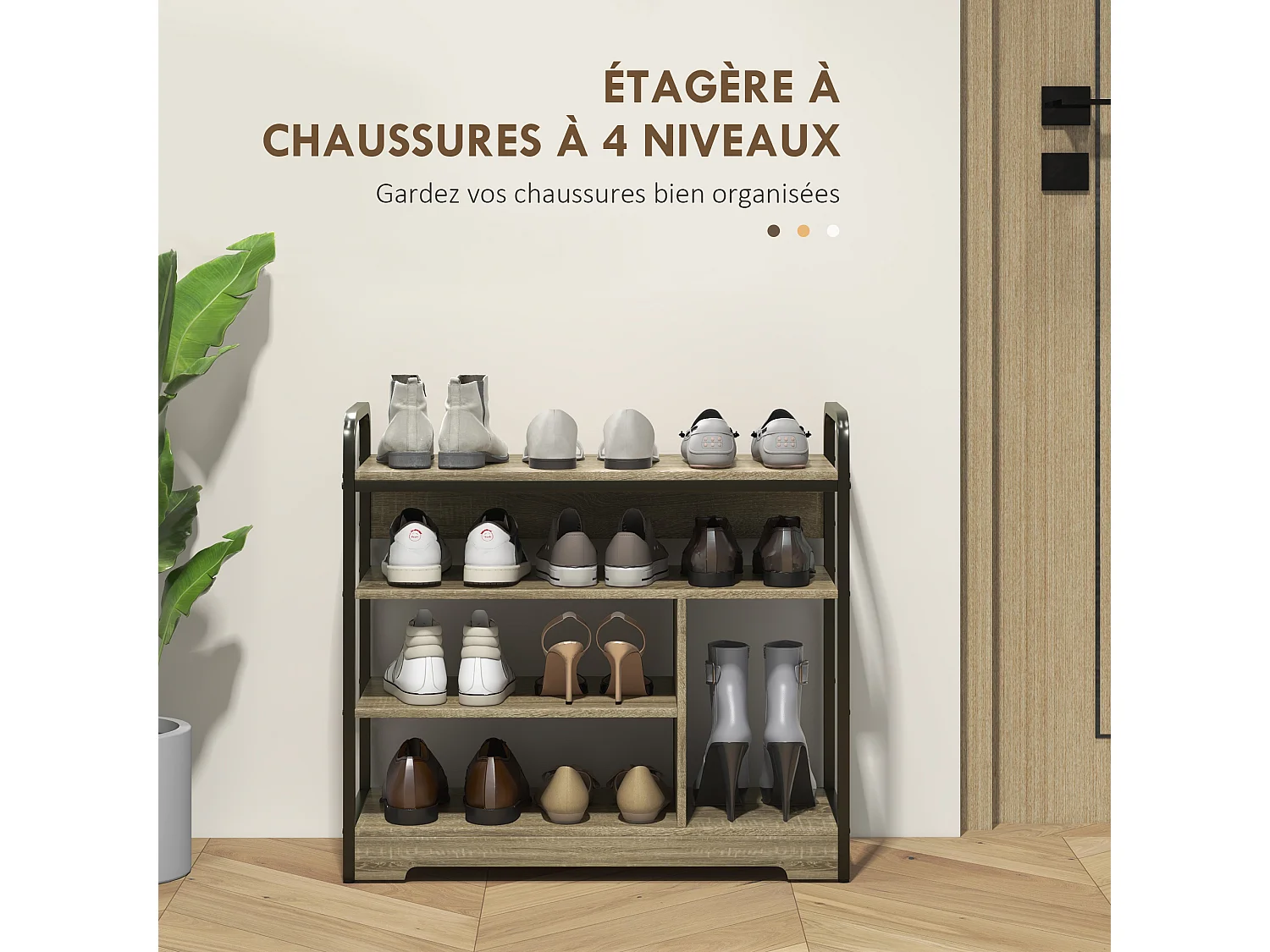 Meuble à chaussures 4 niv. style industriel - dim. 70L x 30l x 65H cm - métal noir aspect chêne clair