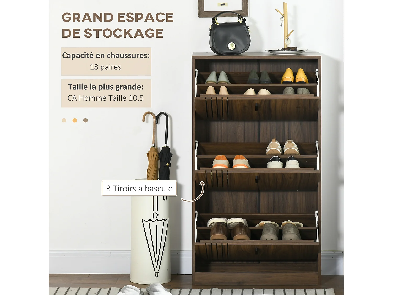 Meuble à chaussures design Urban Craft 3 portes abattantes 3 étagères poignées métal noir aspect noyer