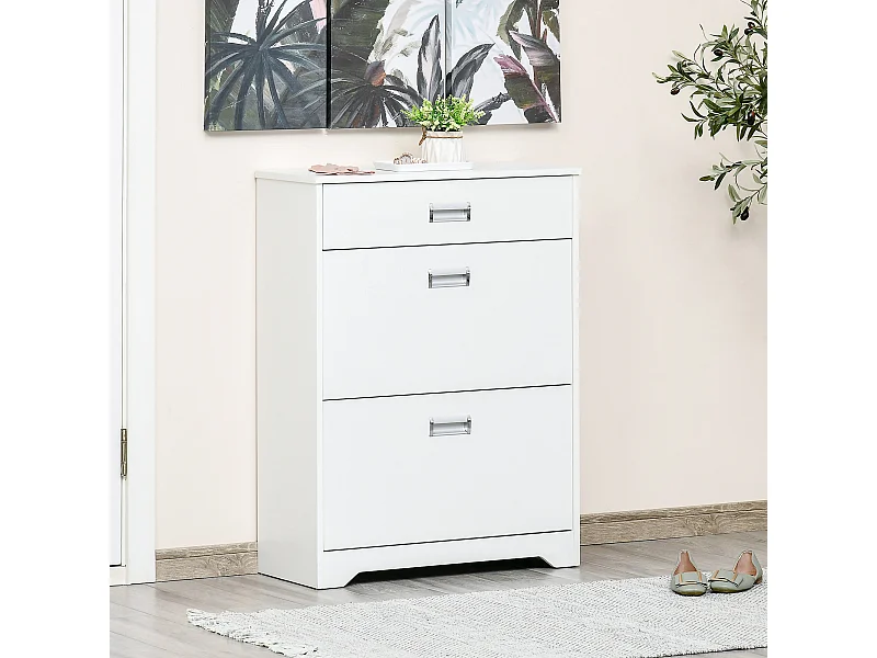 Meuble à chaussures 2 tiroirs rabattables 2 étagères tiroir blanc