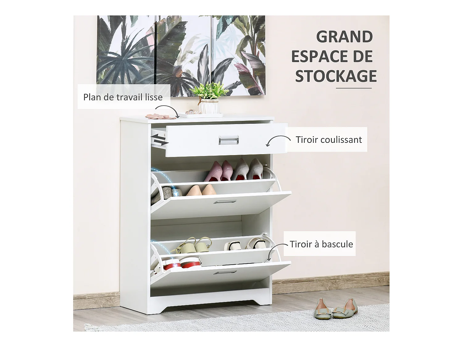 Meuble à chaussures 2 tiroirs rabattables 2 étagères tiroir blanc