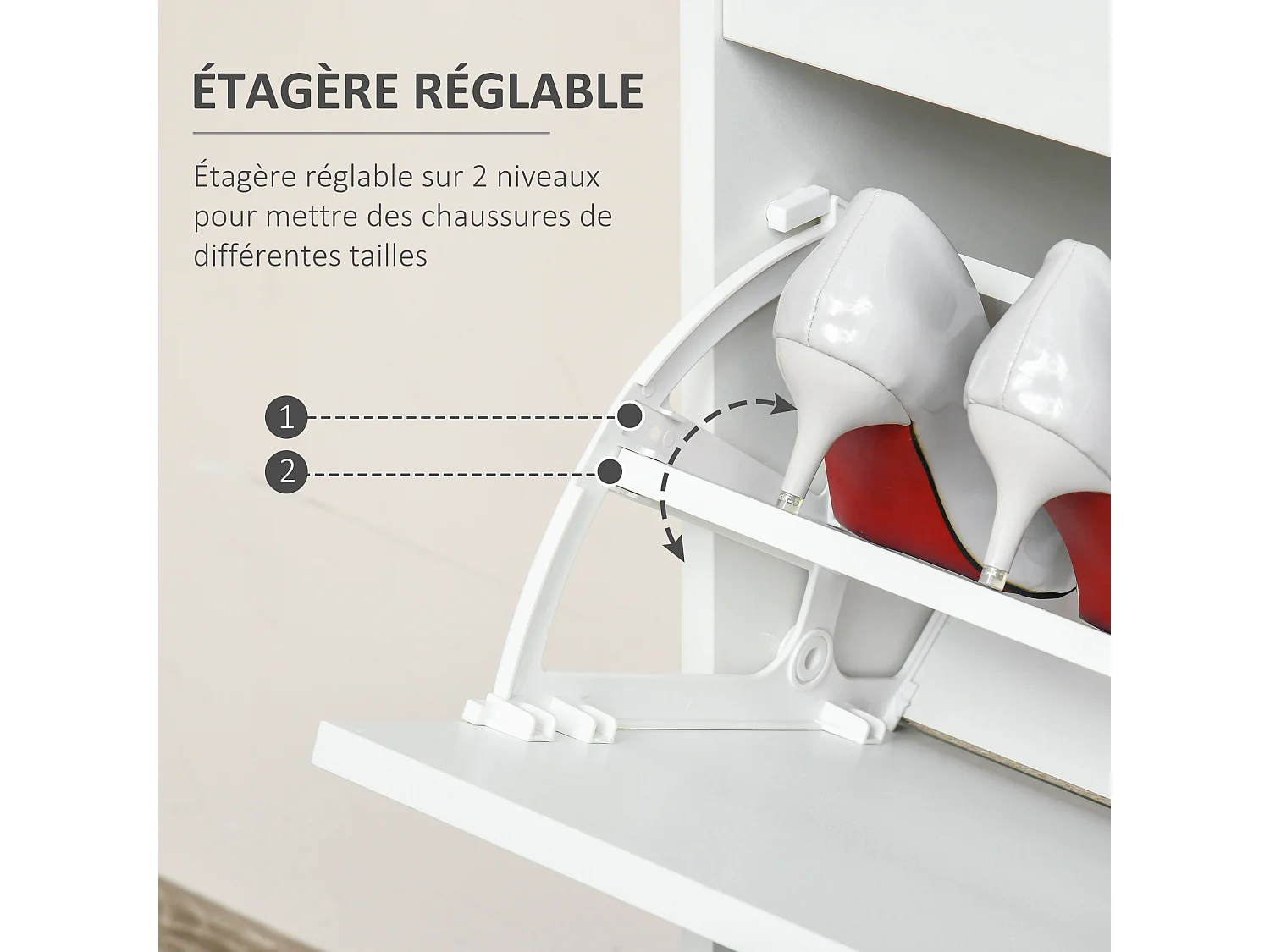 Meuble à chaussures 2 tiroirs rabattables 2 étagères tiroir blanc