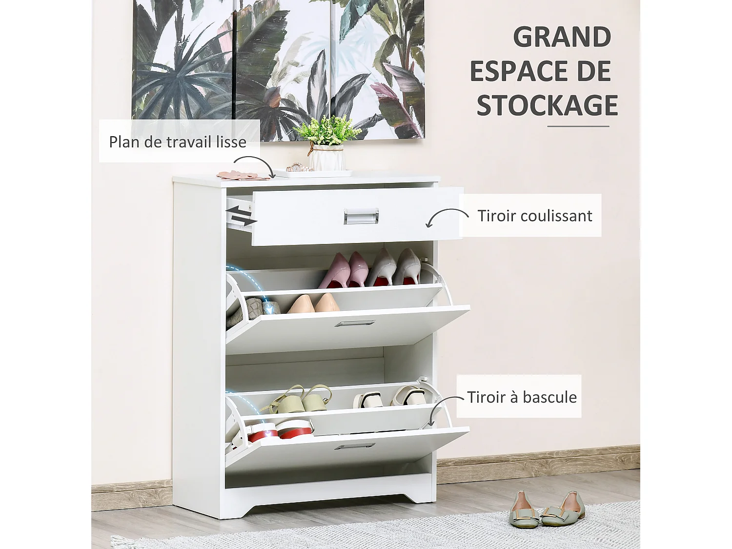 Meuble à chaussures 2 tiroirs rabattables 2 étagères tiroir blanc