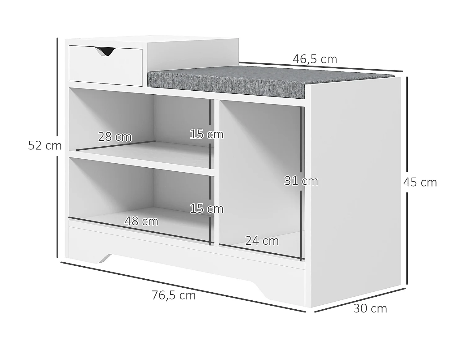 Meuble chaussures banc à chaussures tiroir 3 niches coussin gris inclus panneaux blanc