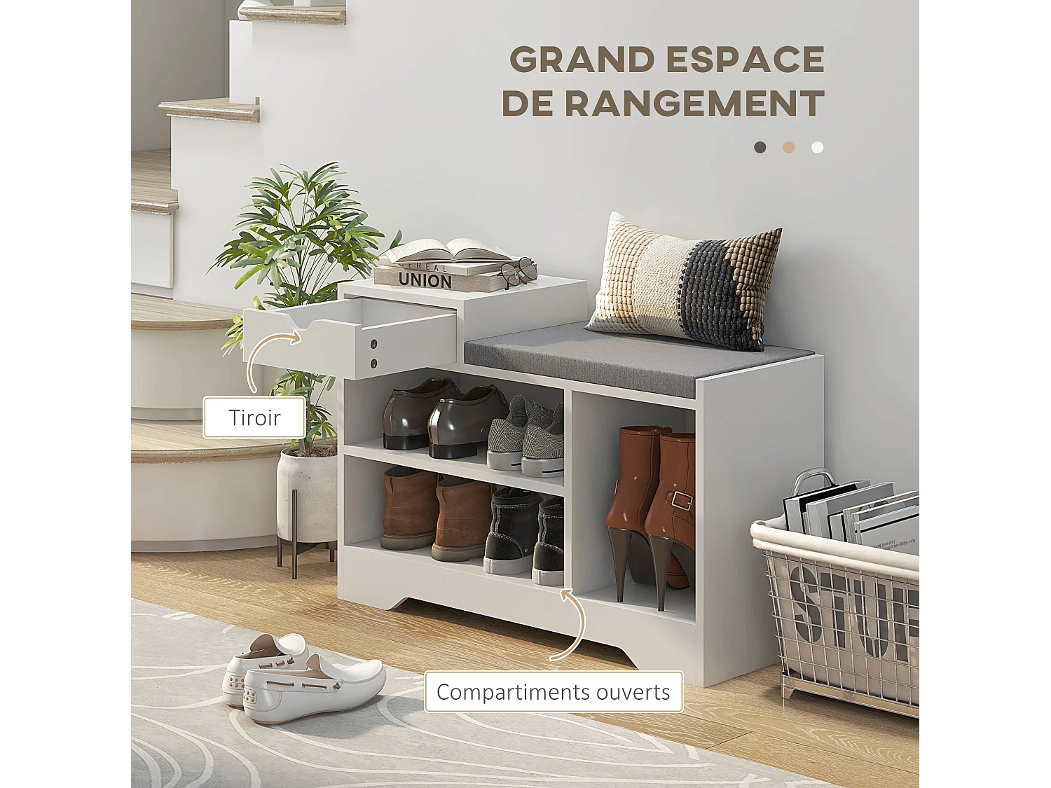 Meuble chaussures banc à chaussures tiroir 3 niches coussin gris inclus panneaux blanc