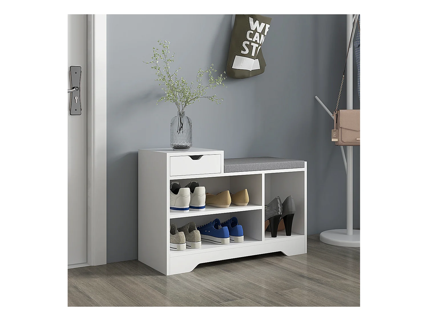 Meuble chaussures banc à chaussures tiroir 3 niches coussin gris inclus panneaux blanc