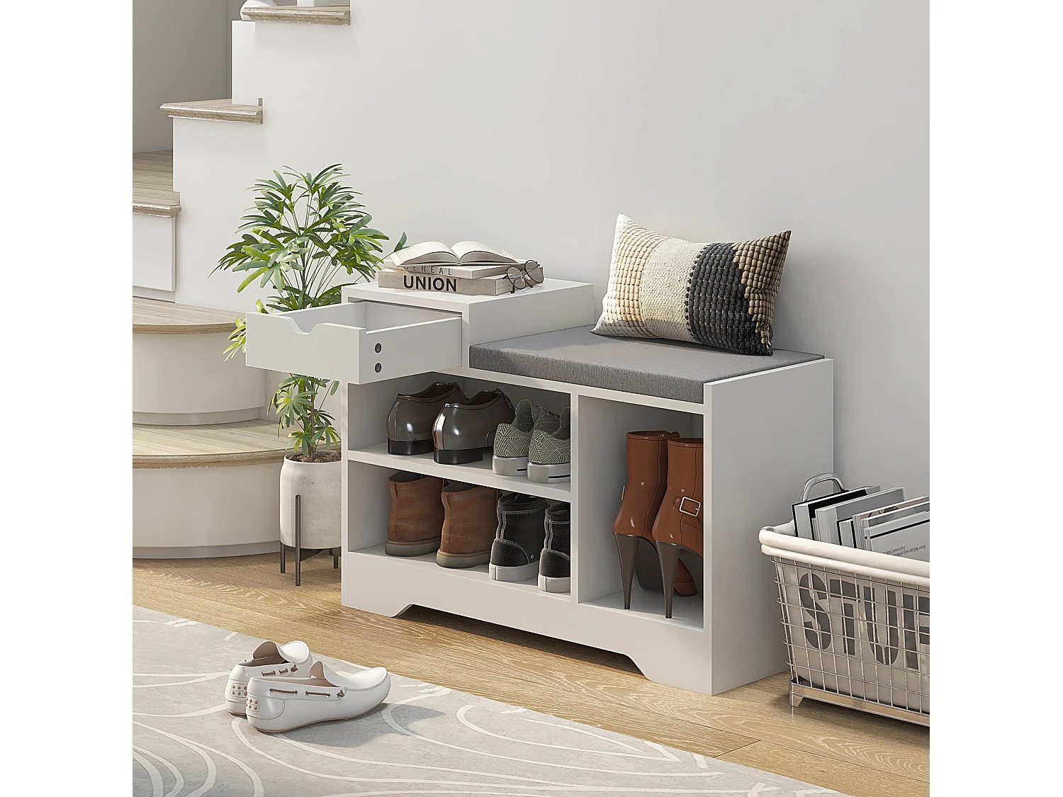 Meuble chaussures banc à chaussures tiroir 3 niches coussin gris inclus panneaux blanc