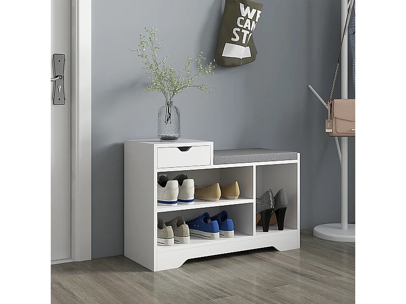 Meuble chaussures banc à chaussures tiroir 3 niches coussin gris inclus panneaux blanc