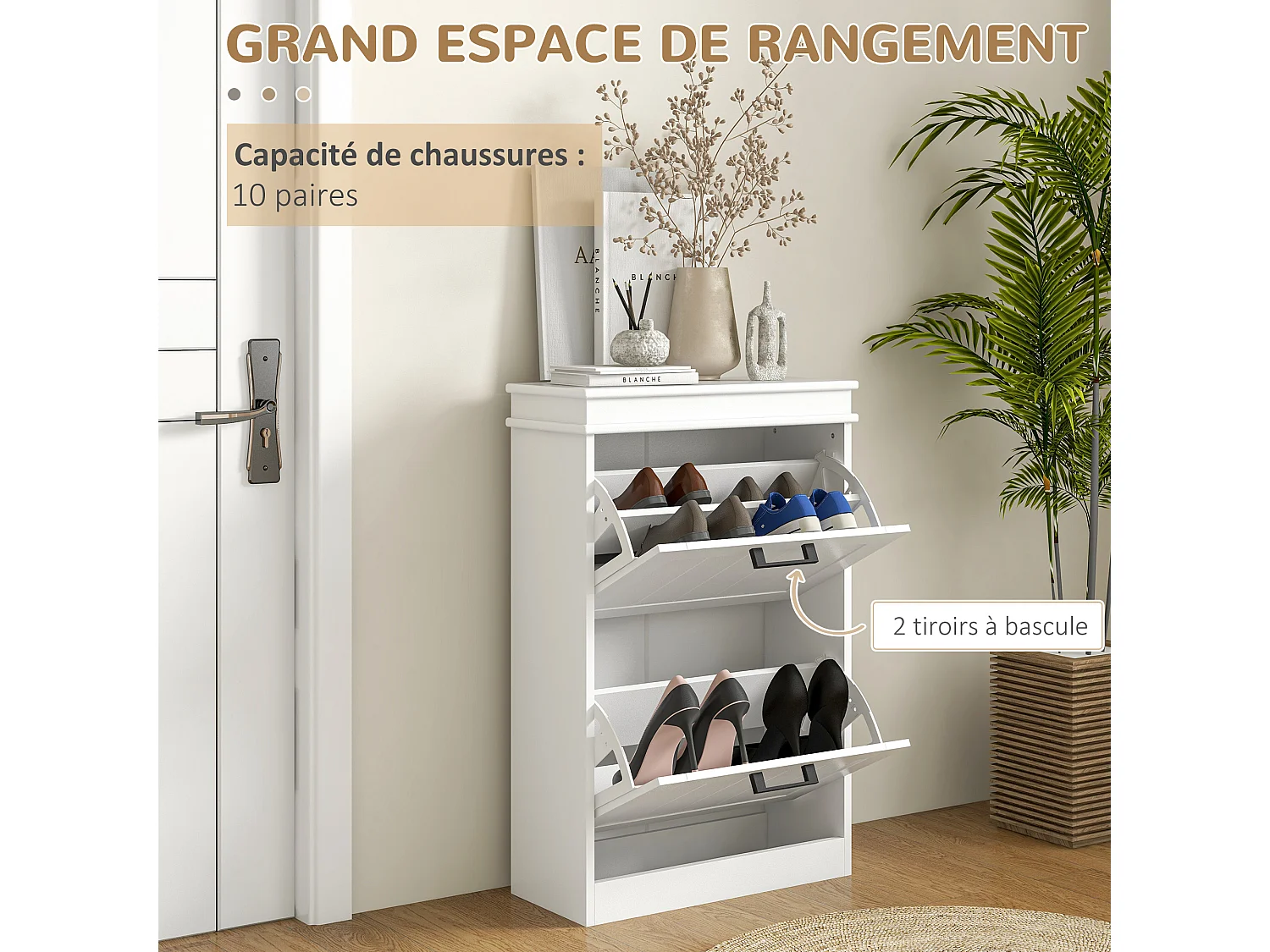 Meuble à chaussures 2 portes abattants 2 étagères poignées métal noir MDF blanc