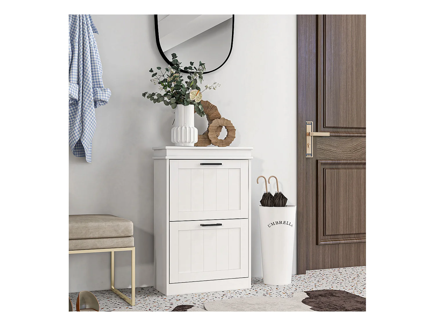 Meuble à chaussures 2 portes abattants 2 étagères poignées métal noir MDF blanc
