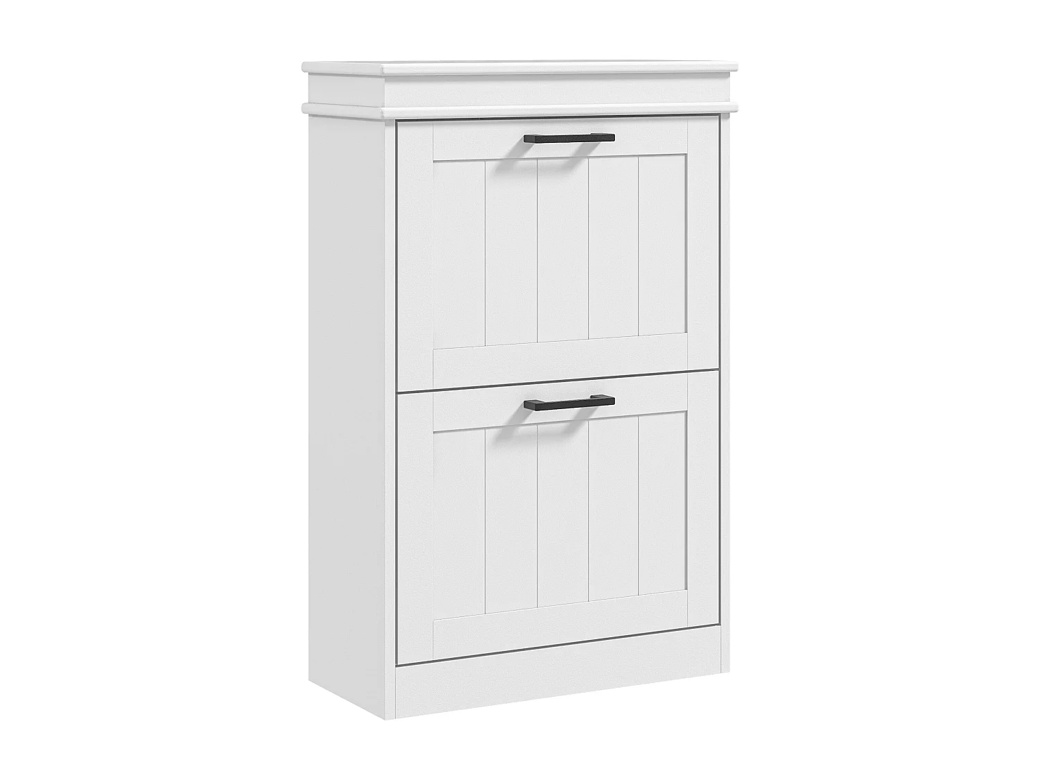 Meuble à chaussures 2 portes abattants 2 étagères poignées métal noir MDF blanc