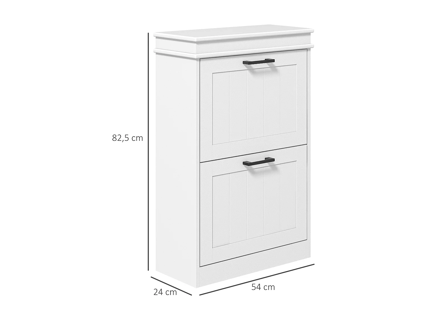 Meuble à chaussures 2 portes abattants 2 étagères poignées métal noir MDF blanc