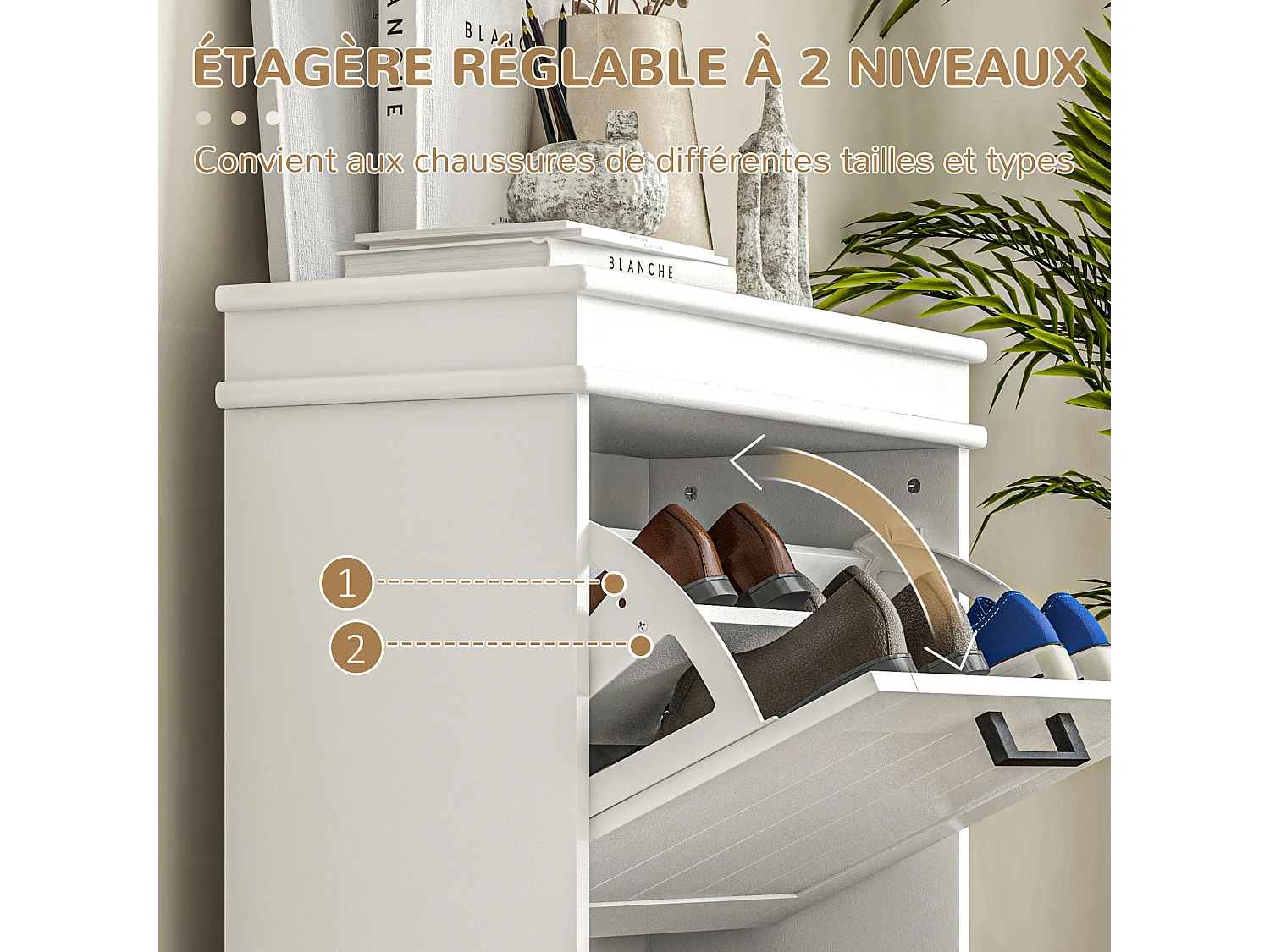 Meuble à chaussures 2 portes abattants 2 étagères poignées métal noir MDF blanc