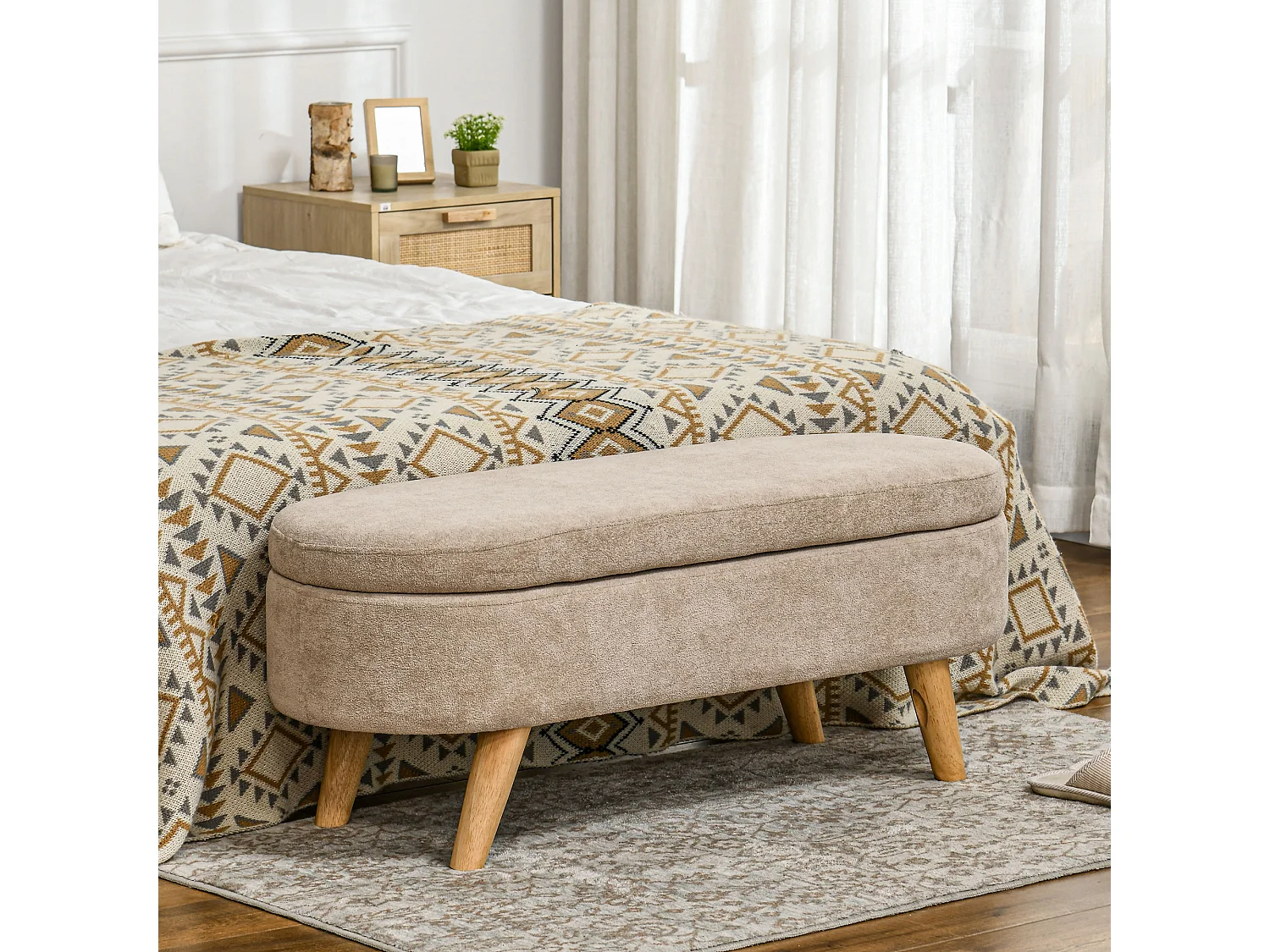 Banquette coffre de rangement 2 en 1 design scandinave dim. 110L x 40l x 43H cm cm piètement bois velours beige