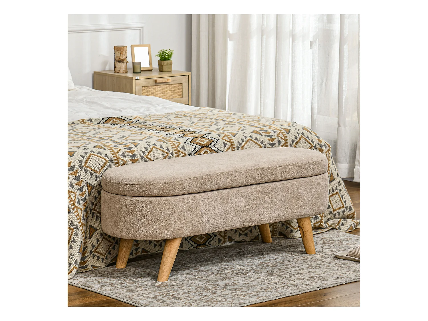 Banquette coffre de rangement 2 en 1 design scandinave dim. 110L x 40l x 43H cm cm piètement bois velours beige