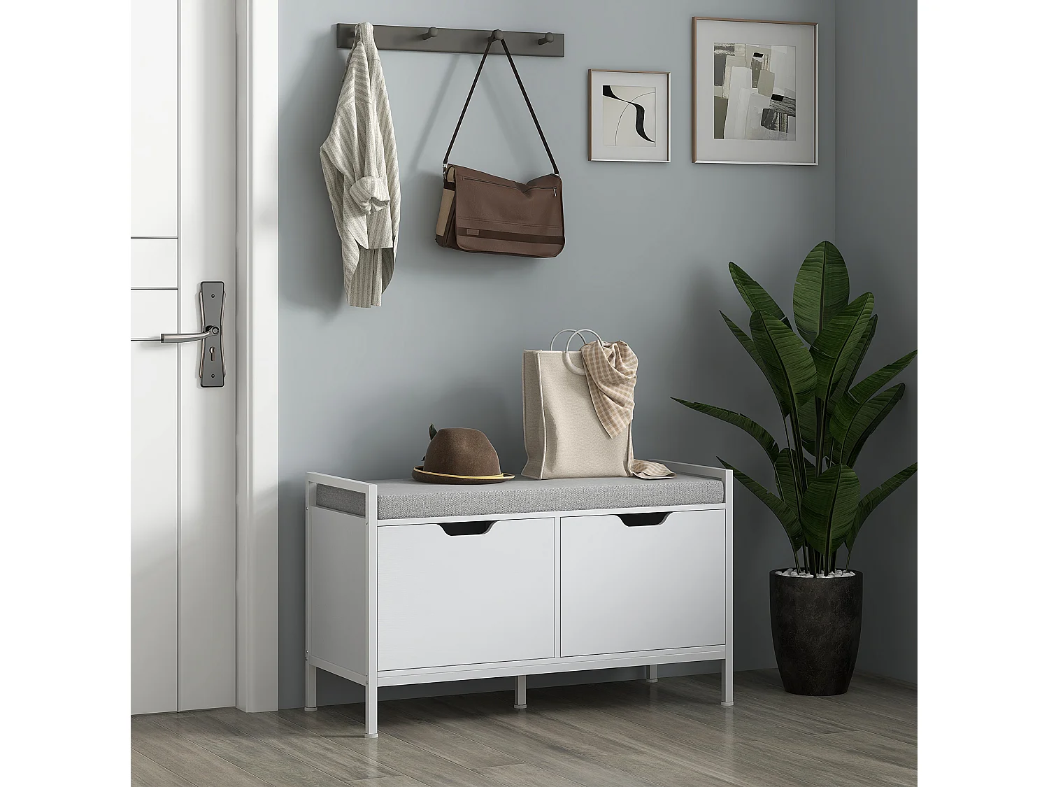 Banc à chaussures meuble à chaussures, 2 placards, meuble d'entrée avec coussin rembourrée, pour couloir, entrée, chambre, 84l x 35P x 50H cm, blanc