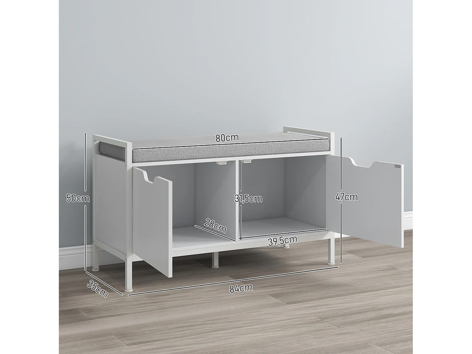 Banc à chaussures meuble à chaussures, 2 placards, meuble d'entrée avec coussin rembourrée, pour couloir, entrée, chambre, 84l x 35P x 50H cm, blanc