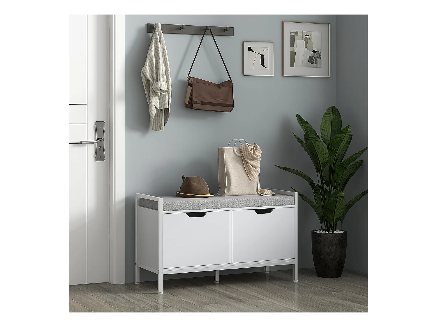 Banc à chaussures meuble à chaussures, 2 placards, meuble d'entrée avec coussin rembourrée, pour couloir, entrée, chambre, 84l x 35P x 50H cm, blanc