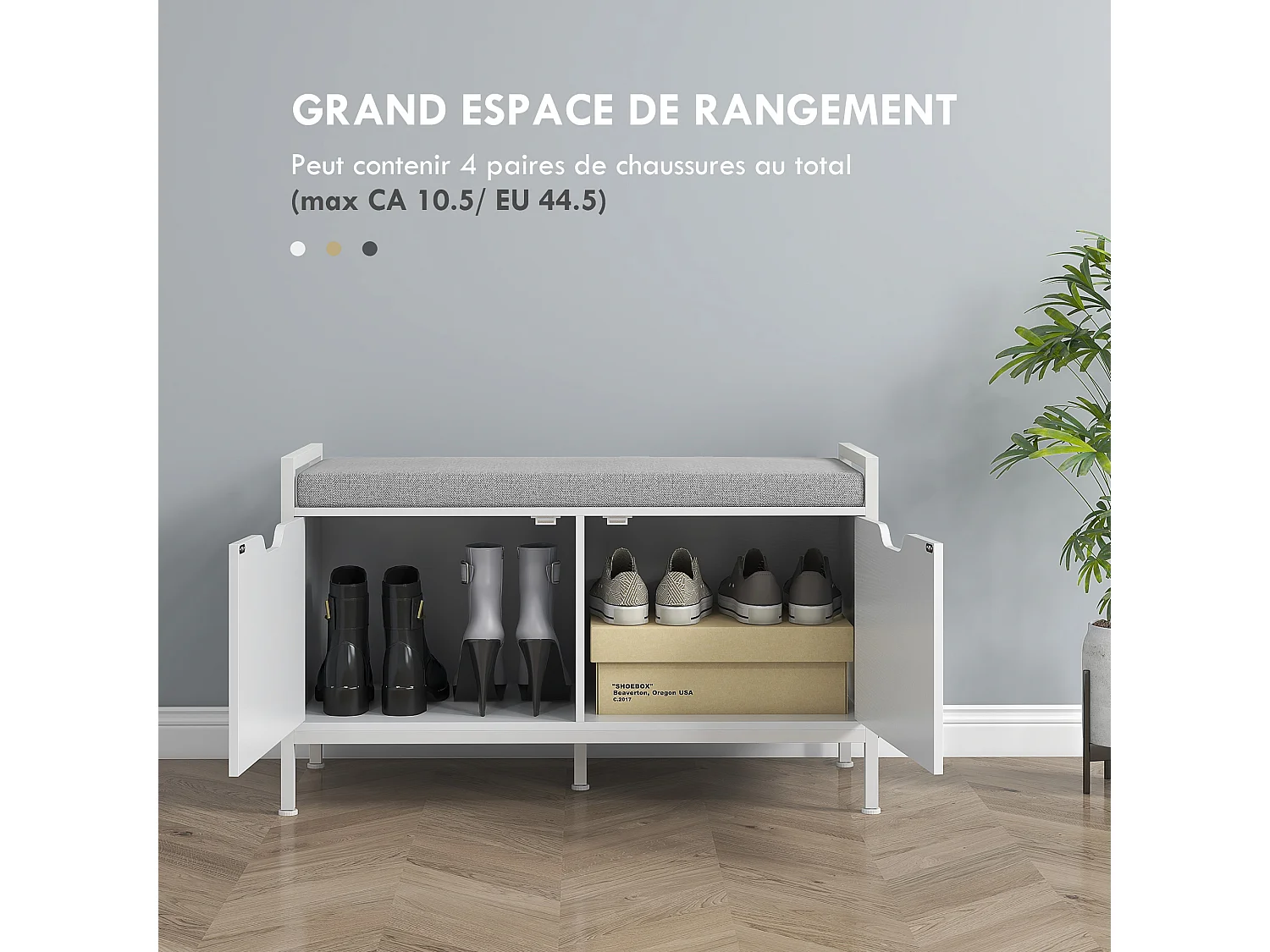 Banc à chaussures meuble à chaussures, 2 placards, meuble d'entrée avec coussin rembourrée, pour couloir, entrée, chambre, 84l x 35P x 50H cm, blanc