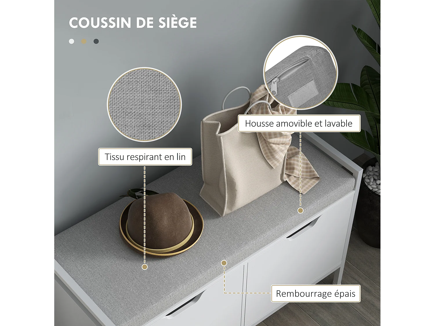 Banc à chaussures meuble à chaussures, 2 placards, meuble d'entrée avec coussin rembourrée, pour couloir, entrée, chambre, 84l x 35P x 50H cm, blanc