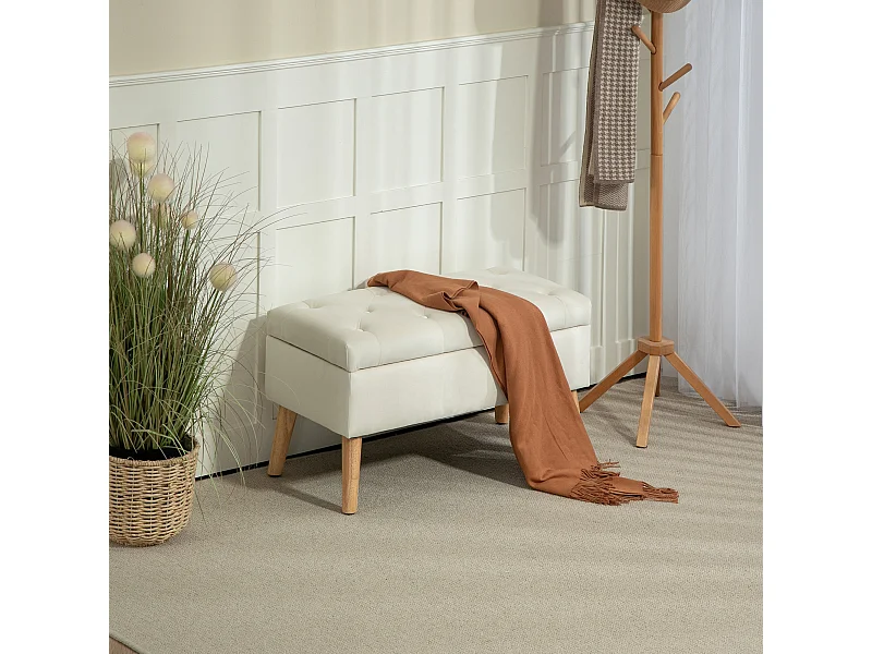 Banquette coffre design scandinave - piètement effilé bois assise effet capitonné velours crème