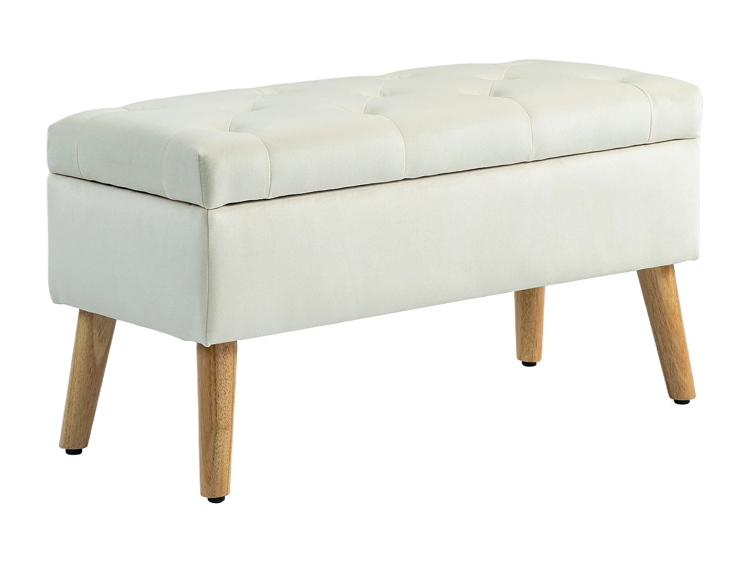 Banquette coffre design scandinave - piètement effilé bois assise effet capitonné velours crème