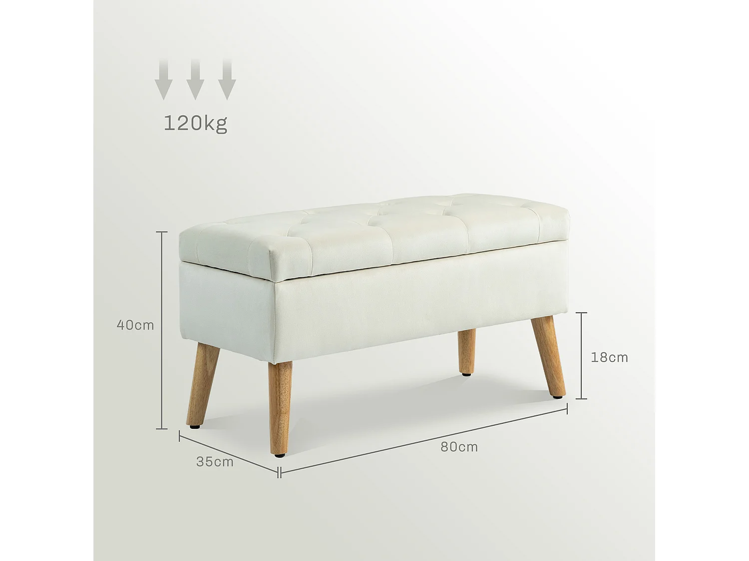 Banquette coffre design scandinave - piètement effilé bois assise effet capitonné velours crème