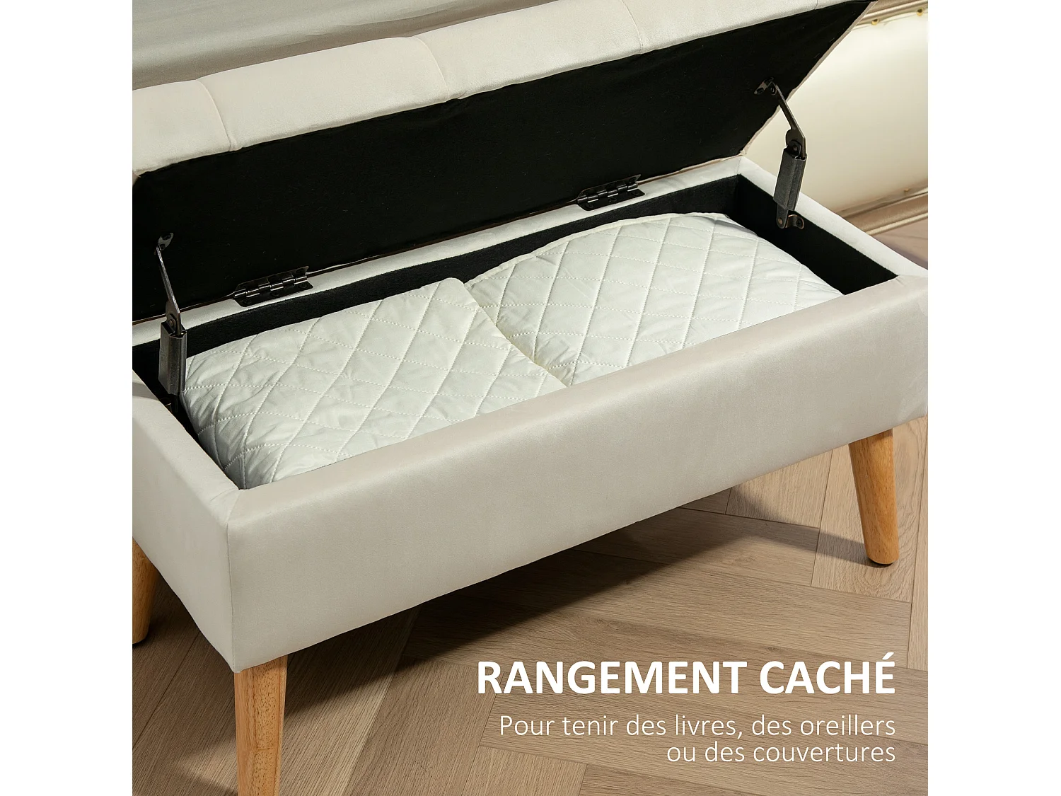 Banquette coffre design scandinave - piètement effilé bois assise effet capitonné velours crème