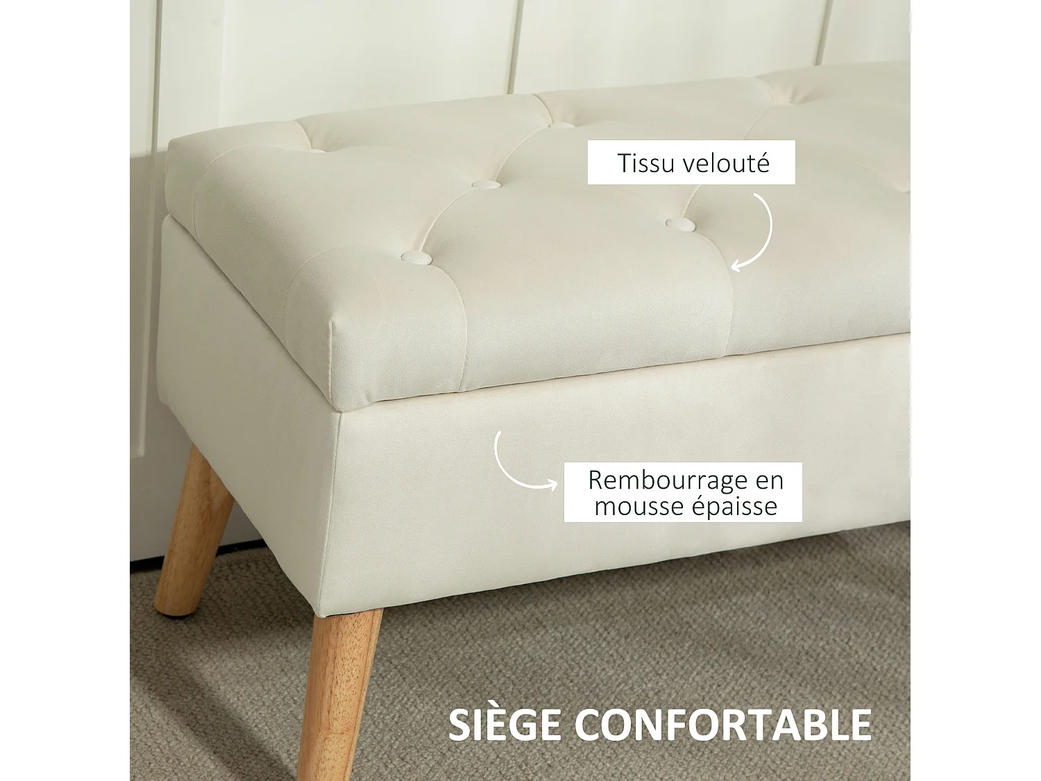 Banquette coffre design scandinave - piètement effilé bois assise effet capitonné velours crème