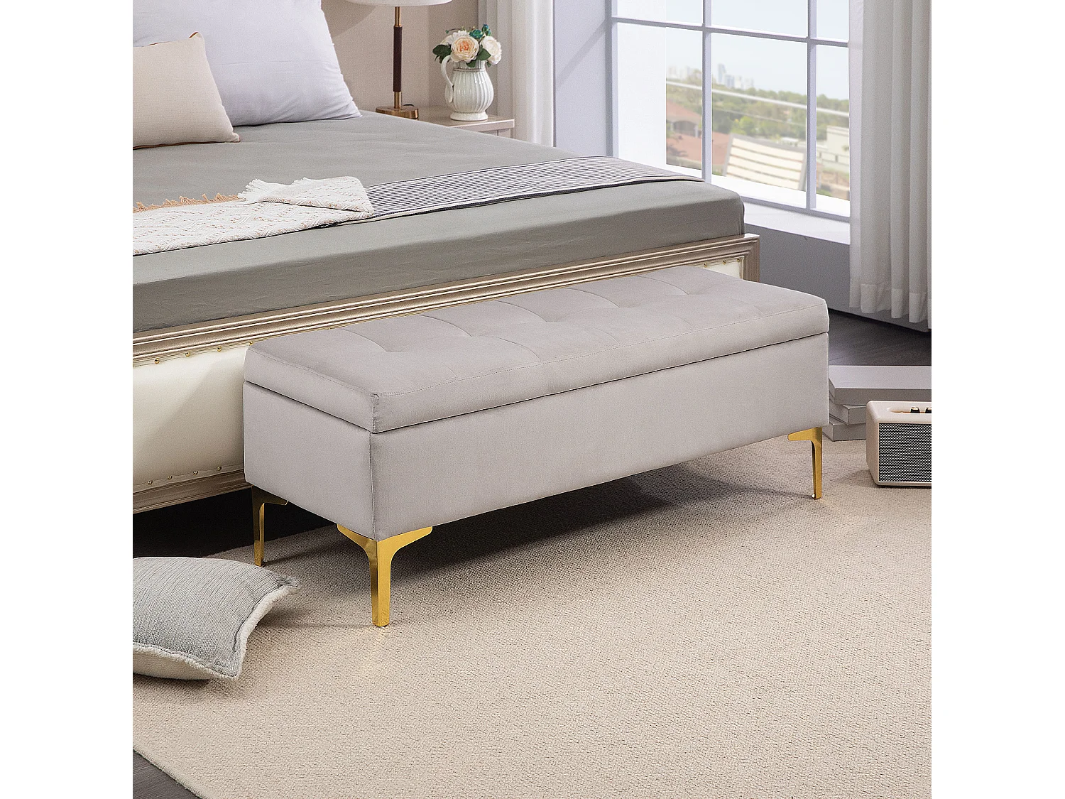 Banquette coffre de rangement 2 en 1 - assise effet capitonnée - métal doré aspect velours gris clair