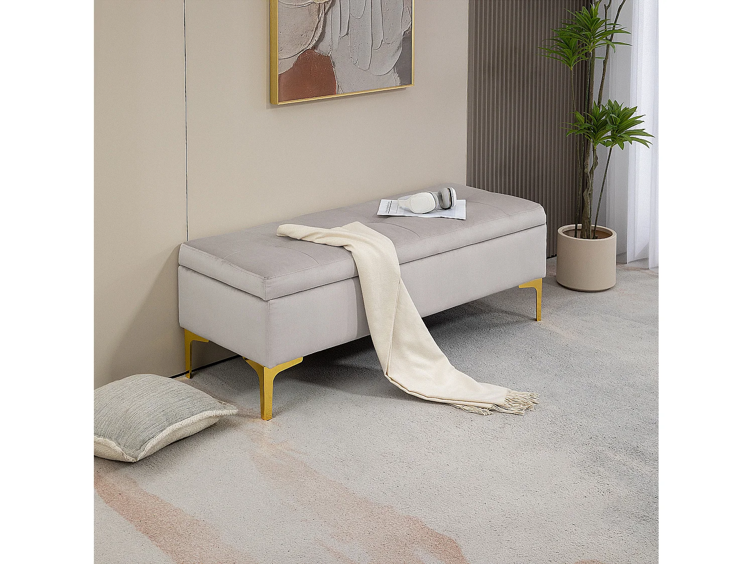 Banquette coffre de rangement 2 en 1 - assise effet capitonnée - métal doré aspect velours gris clair