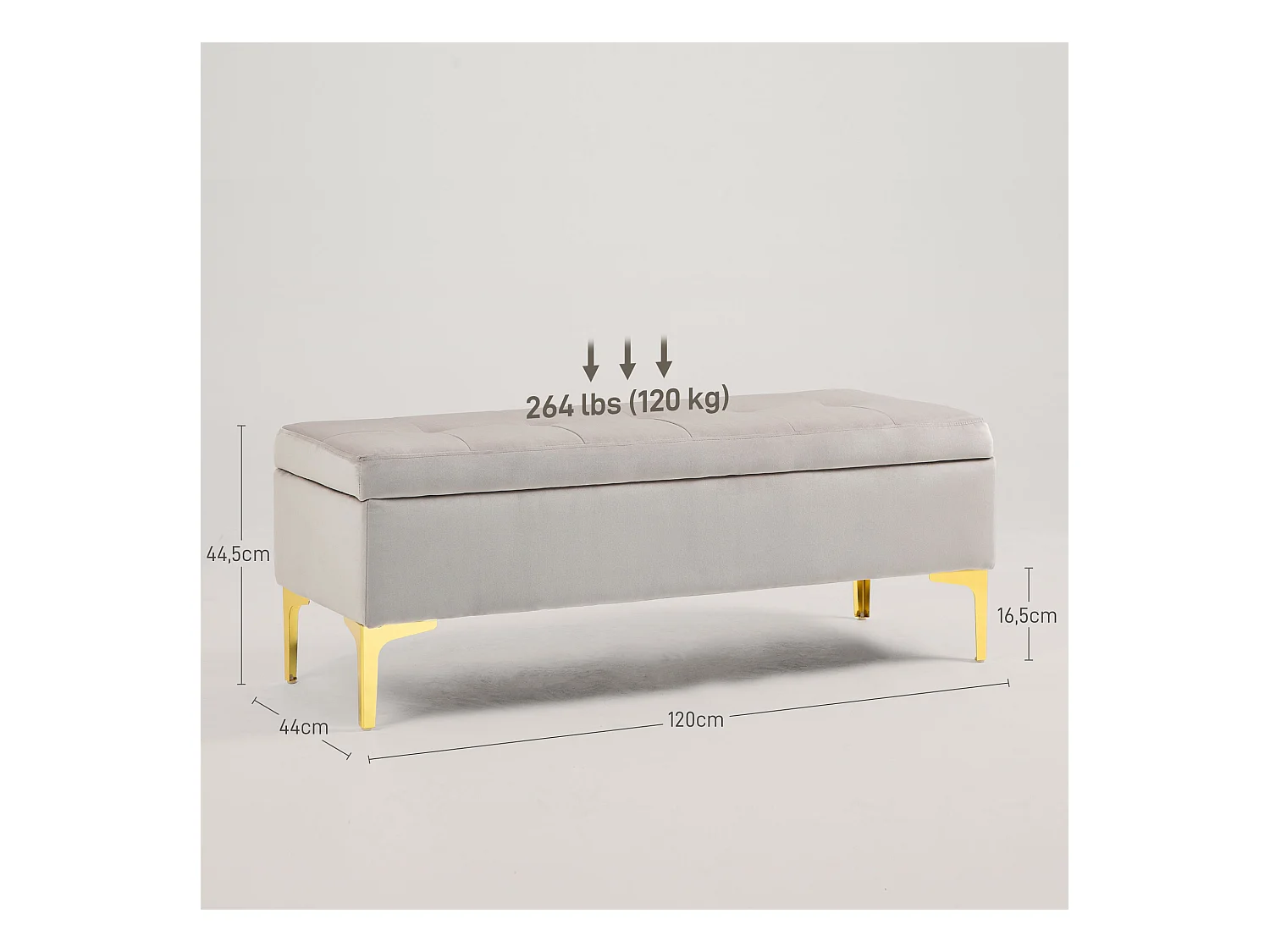 Banquette coffre de rangement 2 en 1 - assise effet capitonnée - métal doré aspect velours gris clair