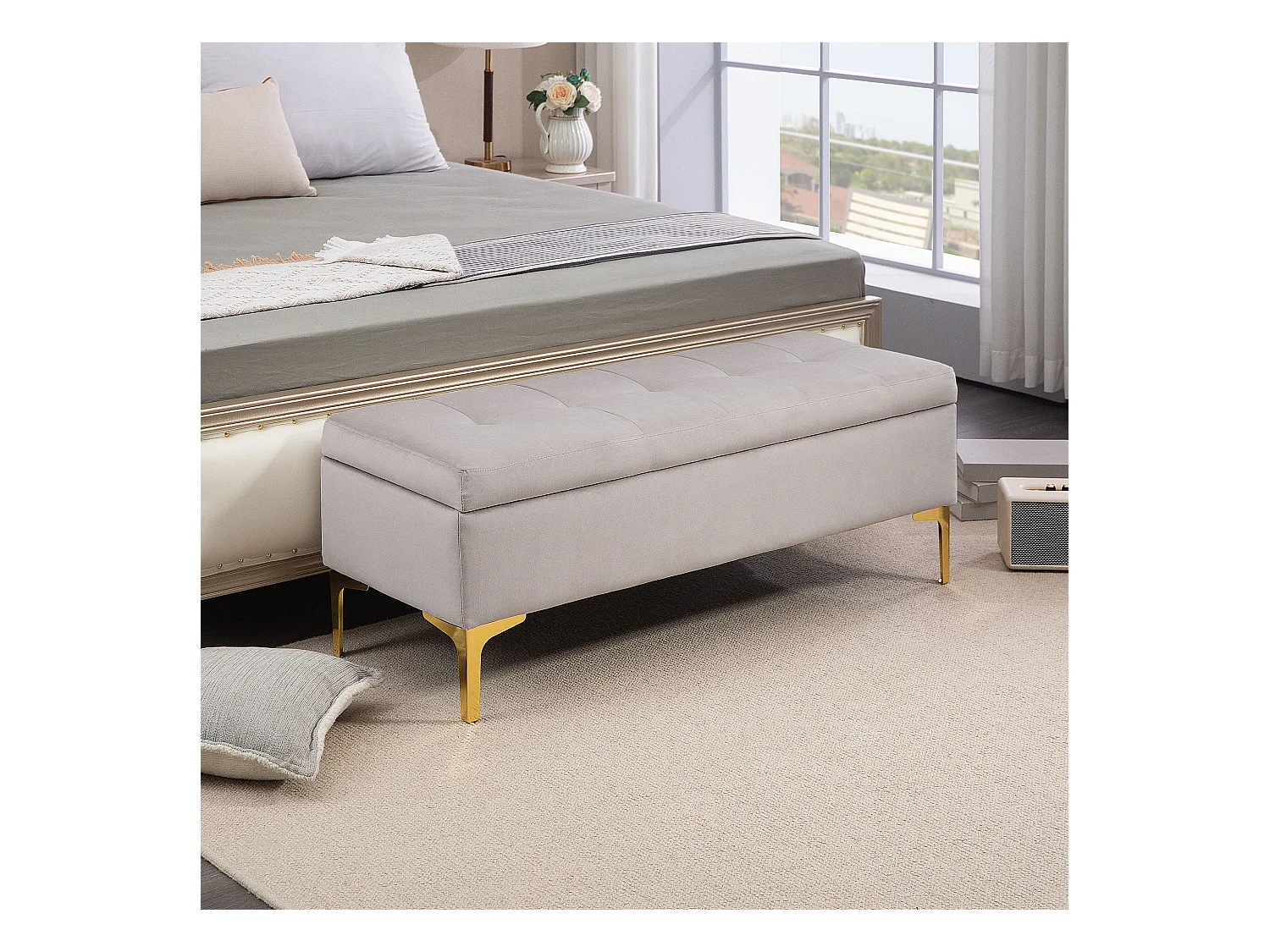 Banquette coffre de rangement 2 en 1 - assise effet capitonnée - métal doré aspect velours gris clair