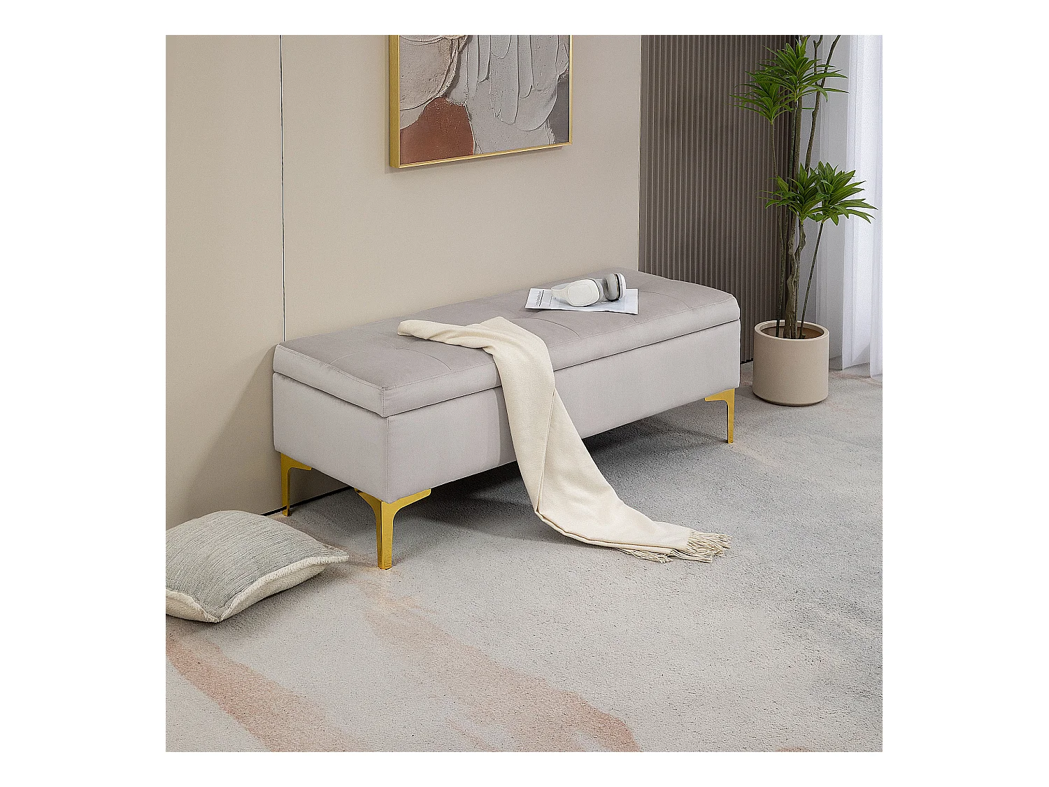 Banquette coffre de rangement 2 en 1 - assise effet capitonnée - métal doré aspect velours gris clair