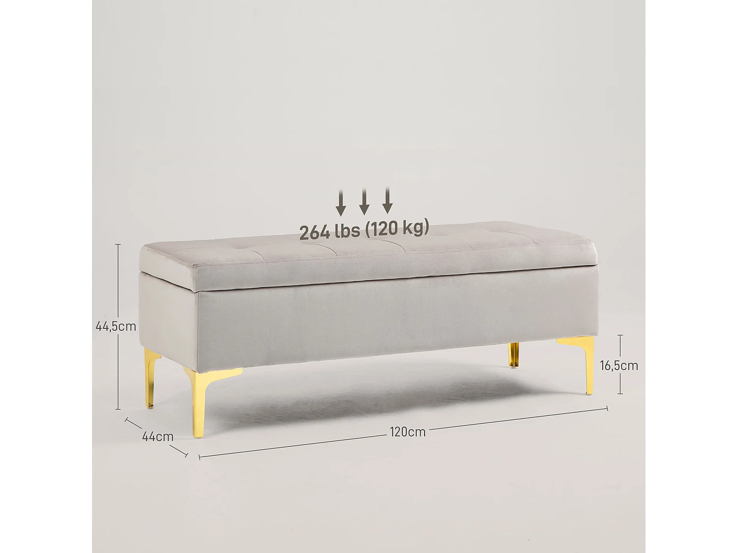 Banquette coffre de rangement 2 en 1 - assise effet capitonnée - métal doré aspect velours gris clair