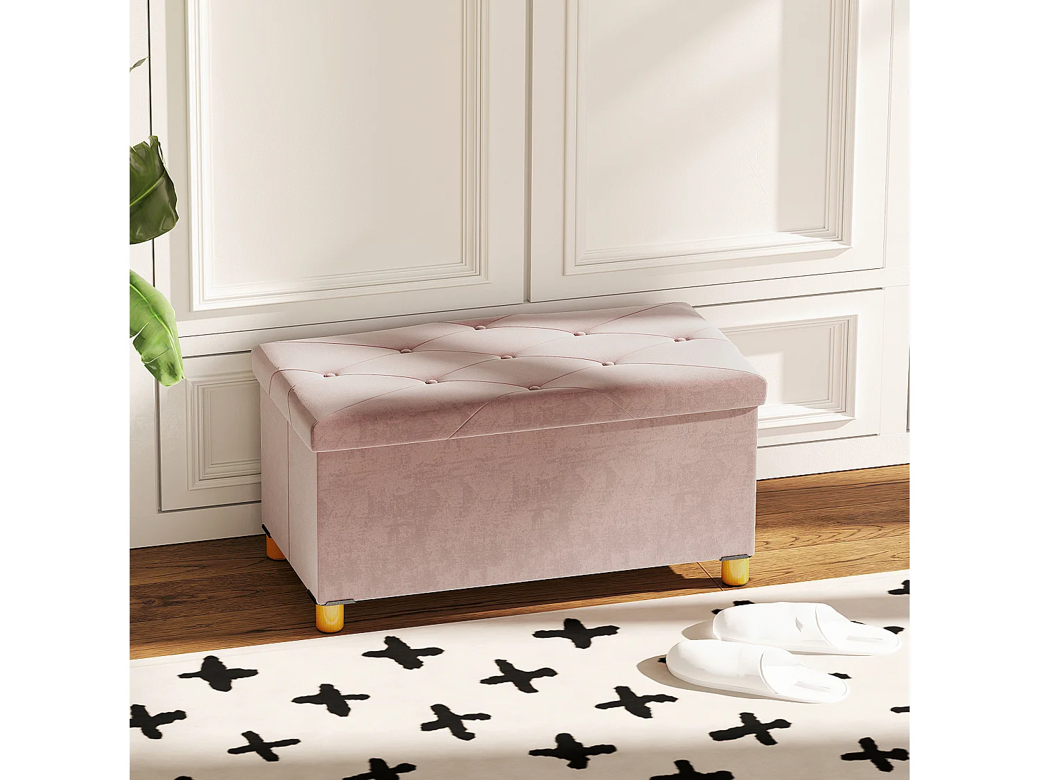 Banc coffre style Chesterfield effet capitonné dim. 76L x 38l x 38H cm piètement bois velours vieux rose
