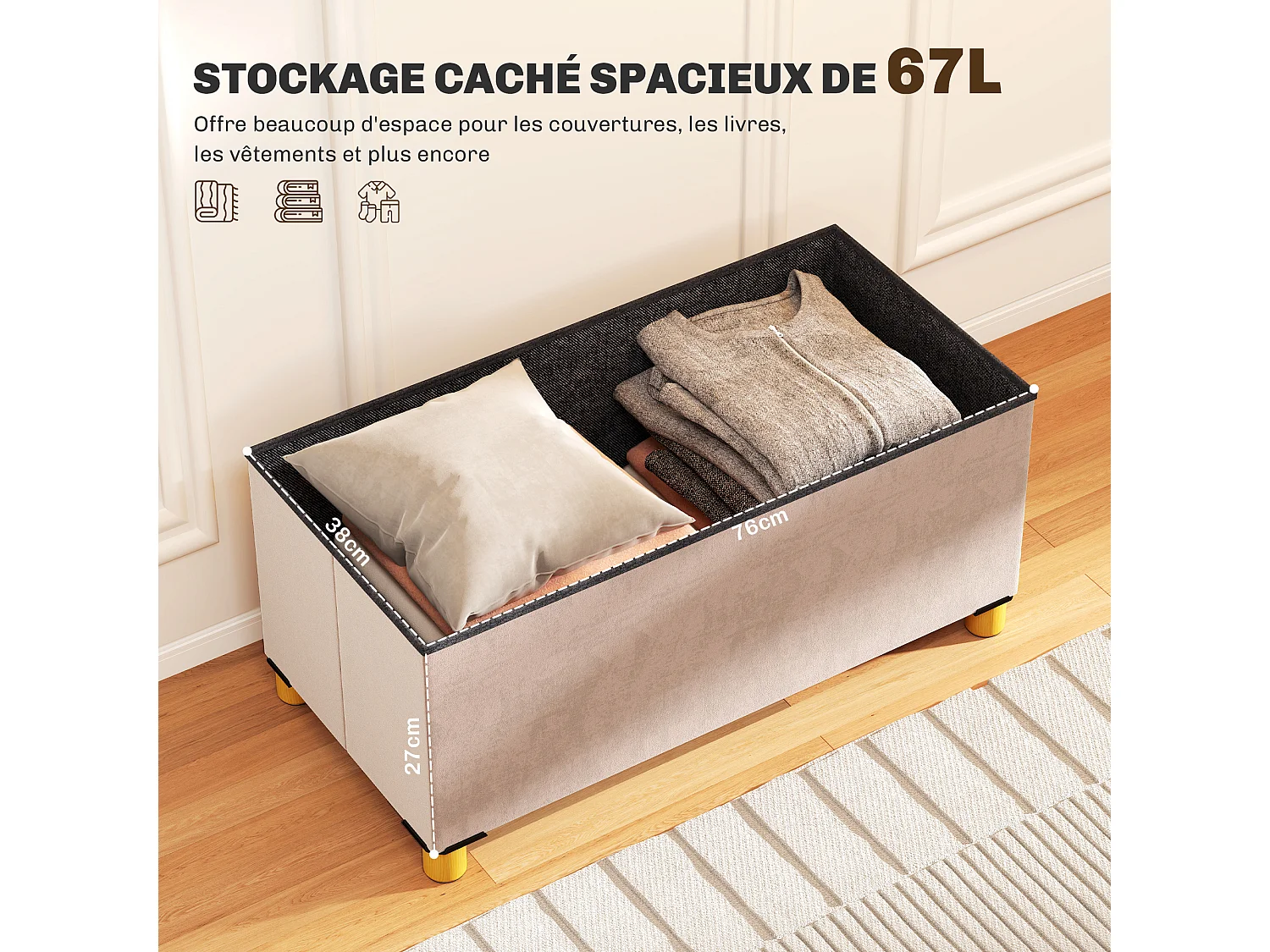 Banc coffre style Chesterfield effet capitonné dim. 76L x 38l x 38H cm piètement bois velours vieux rose