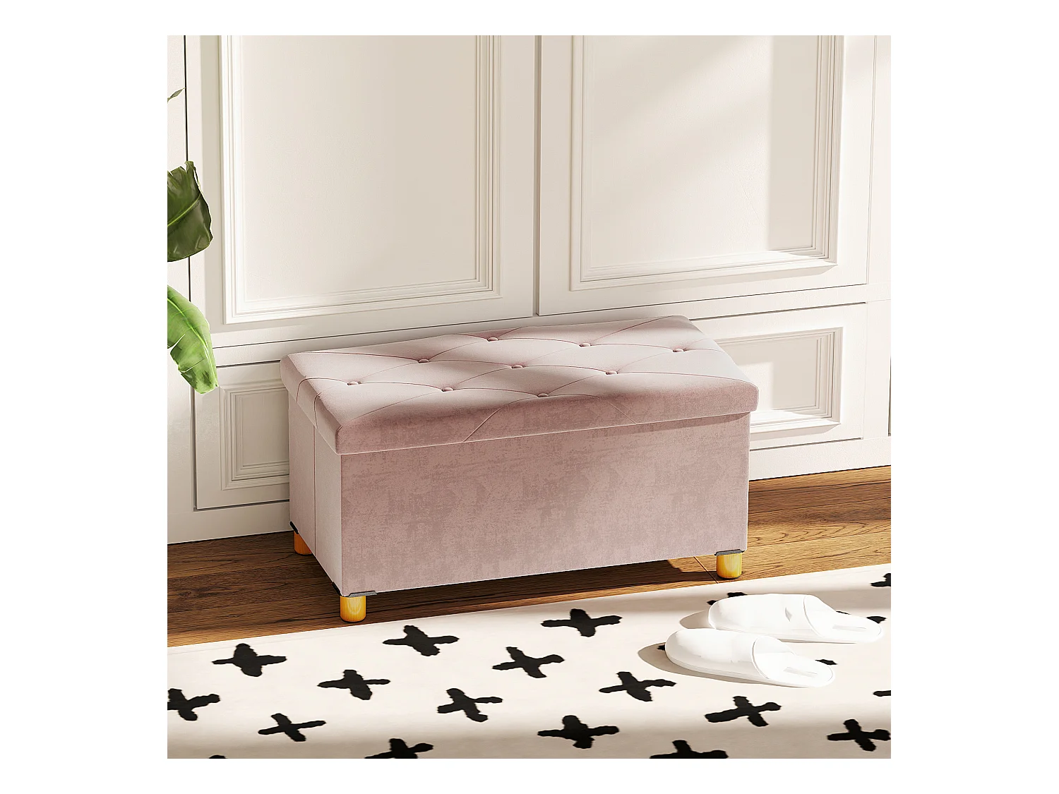 Banc coffre style Chesterfield effet capitonné dim. 76L x 38l x 38H cm piètement bois velours vieux rose