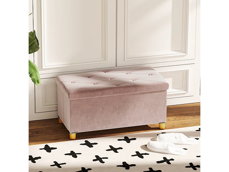 Banc coffre style Chesterfield effet capitonné dim. 76L x 38l x 38H cm piètement bois velours vieux rose