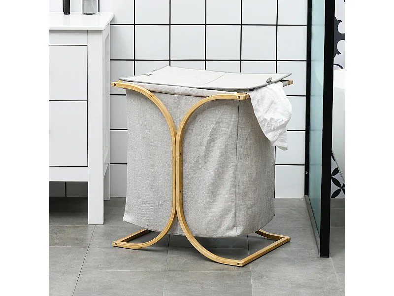 Panier à linge corbeille à linge bac linge sale 2 paniers bambou polyester gris