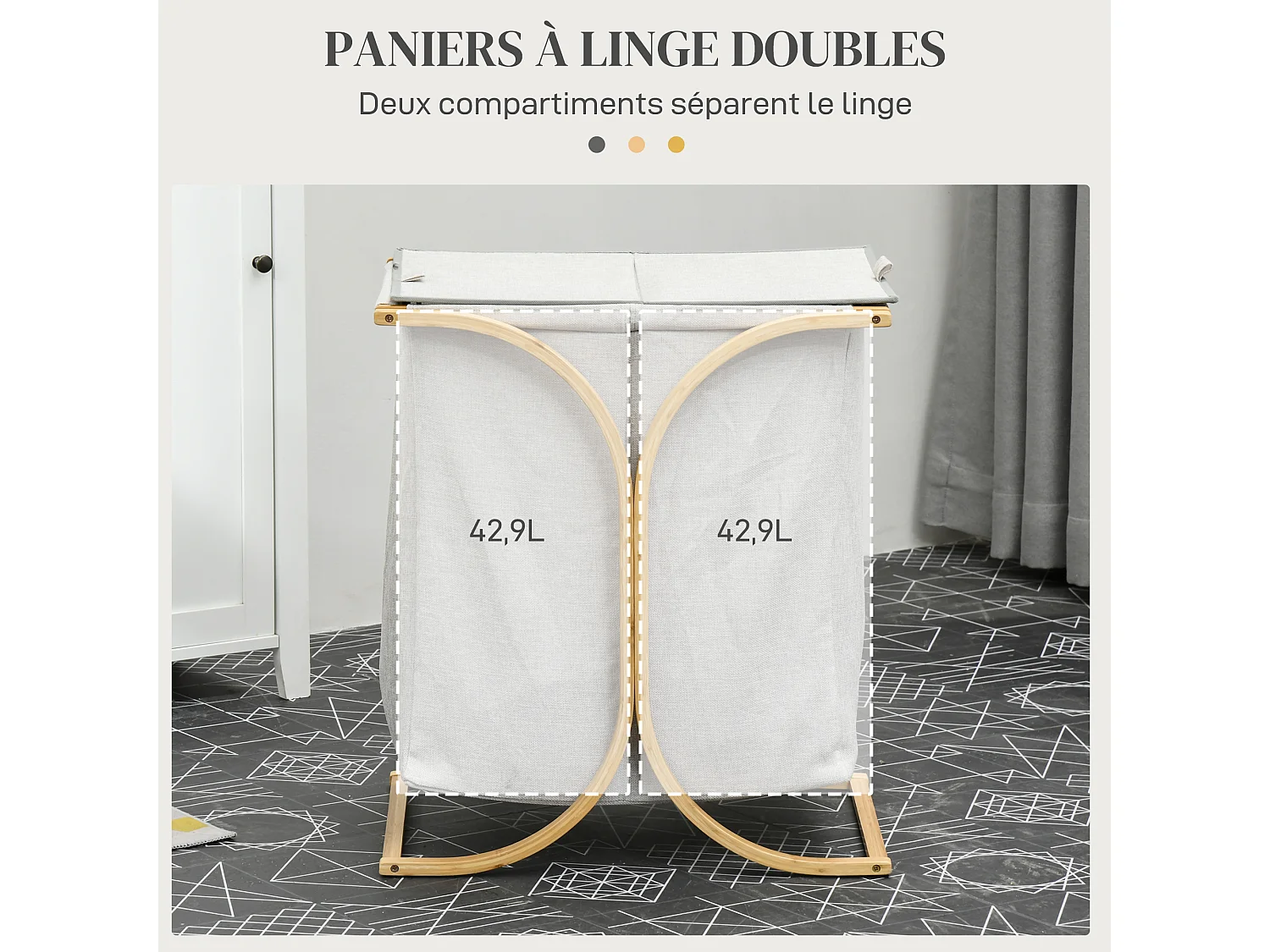 Panier à linge corbeille à linge bac linge sale 2 paniers bambou polyester gris