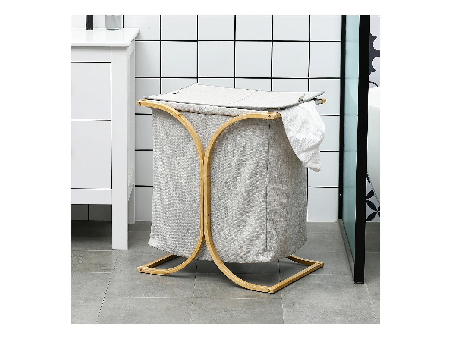 Panier à linge corbeille à linge bac linge sale 2 paniers bambou polyester gris